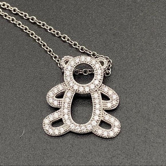 Sterling Silver Cubic Zirconia Teddy Bear Necklace - Picture 8 of 11